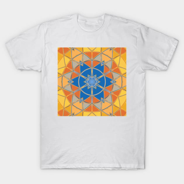 Cartoon Mandala Blue Orange and Yellow T-Shirt by WormholeOrbital